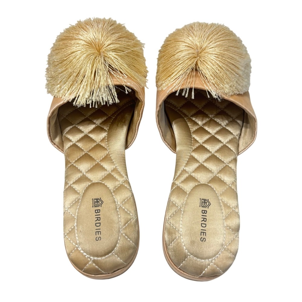Birdies The Songbird Pom Pom‎ Satin Mules Womens 7.5 Gold Pointed Toe Slipper - Picture 7 of 13